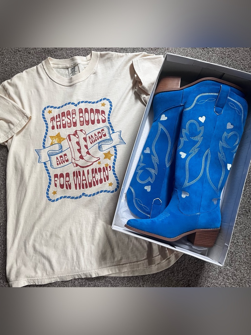 Vibrant Blue Suede Cowboy Boots with Heart Stitching and matching T-Shirt